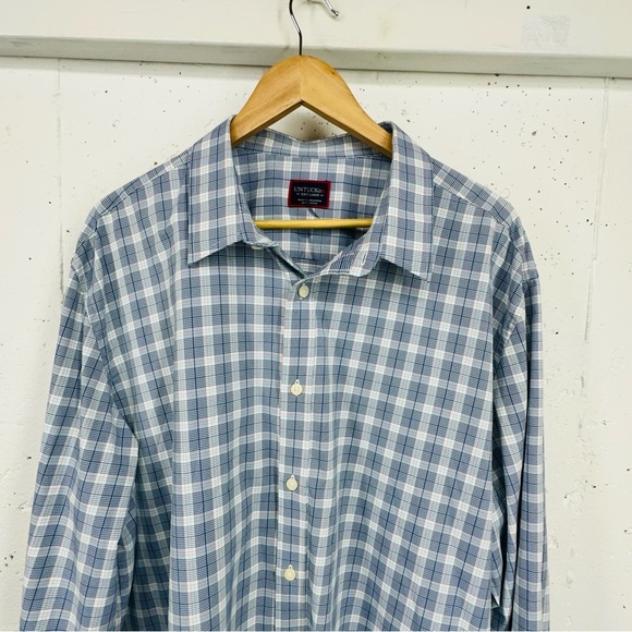 UnTuckIt Men’s size XXL Berklin Blue & White Plaid Ling Sleeve Button Down Shirt - Picture 2 of 14